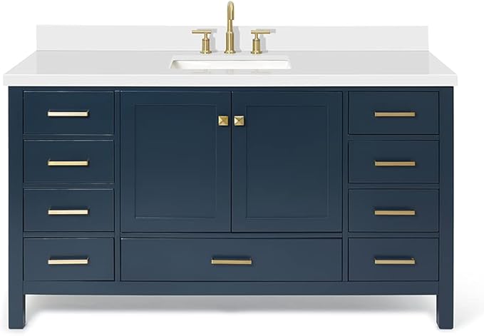 ARIEL Cambridge 60-inch Bathroom Vanity with Sink,Solid Wood, 1.5-inch Pure White Quartz Countertop, Single Rectangular Porcelain Sink, 2 Soft Closing Doors, 9 Dovetail Drawers, Midnight Blue