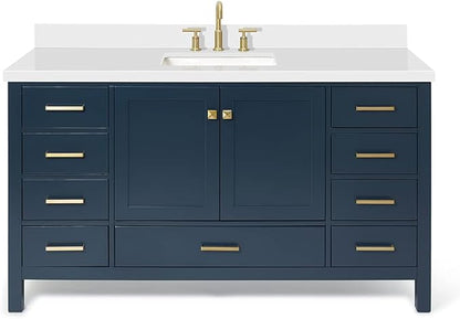ARIEL Cambridge 60-inch Bathroom Vanity with Sink,Solid Wood, 1.5-inch Pure White Quartz Countertop, Single Rectangular Porcelain Sink, 2 Soft Closing Doors, 9 Dovetail Drawers, Midnight Blue