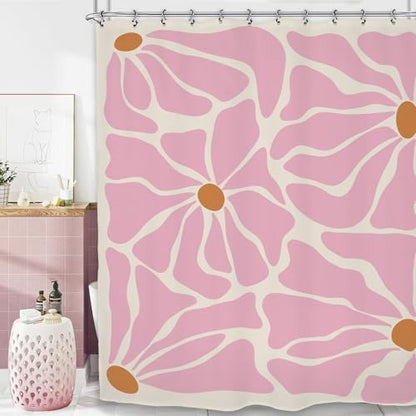 Matisse Flower Shower Curtain 60Wx72L Inch Abstract Retro Aesthetic Minimalist Vintage Art 70s Modern Pink Bathroom Set Accessories Decor with 12 Pack Hooks