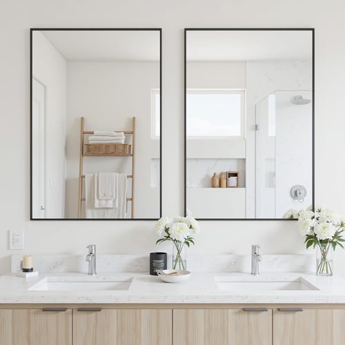Antok 22x30 Black Metal Framed Bathroom Mirror, Wall Mirror with Rect Corners, Vanity Mirror for Over Sink, Anti-Rust Tempered Glass, Horizontal/Vertical Hanging for Bathroom, Living Room, Entryway