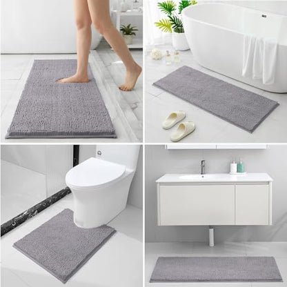 HOMEIDEAS Grey Long Chenille Bathroom Rugs Set of 3, Non Slip Bath Mat