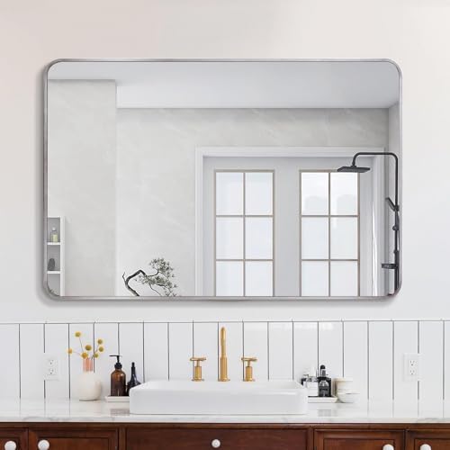 VooBang Bathroom Mirror 30x40 inch, Silver Gorgeous Deep Frame Wall Mirror, Modern Round Corner Bathroom Vanity Mirror for Bedroom, Living Room, Hanging or Leaning Horizontal or Vertical, Silver