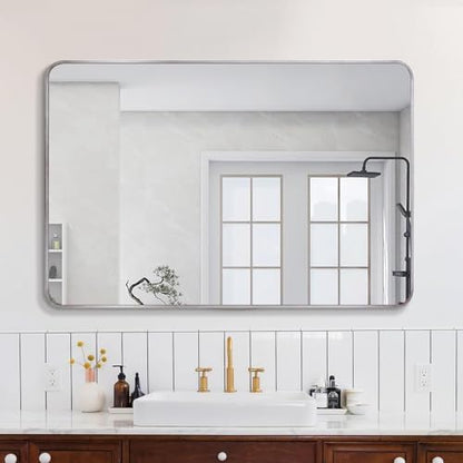 VooBang Bathroom Mirror 30x40 inch, Silver Gorgeous Deep Frame Wall Mirror, Modern Round Corner Bathroom Vanity Mirror for Bedroom, Living Room, Hanging or Leaning Horizontal or Vertical, Silver
