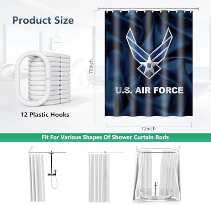 US Air Force Navy Blue Patriotic Shower Curtain with Hooks 72 x 72 Inches
