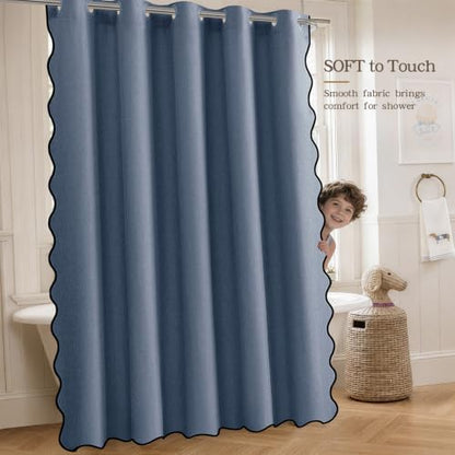 Furlinic No Hook Shower Curtain Scalloped Boho Extra Wide 78x75 Navy Blue