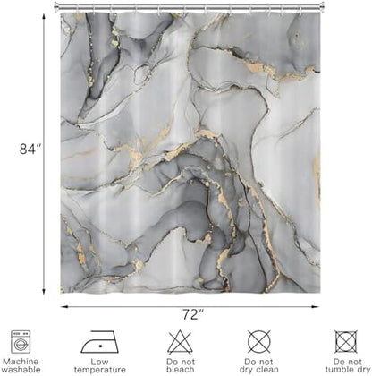 Grey Marble Shower Curtain, Modern Abstract Luxury Grey Gold Ink Texture Watercolor Art Bathroom Curtains Ombre Machine Washable Waterproof Fabric Bathtub Curtain Set with Hooks 72" Wx84 L
