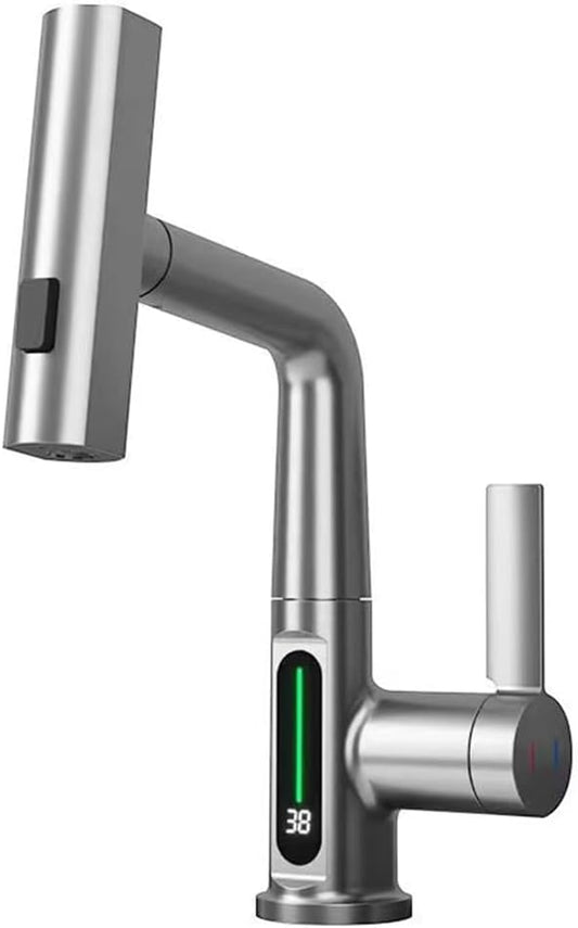 Bathroom One Hole Sink Basin Faucet with Waterfall Pull Down Sprayer,Vanity Single Handle 1 Hole Pull Out Faucet with Rainfall Spray Head Temperature Digital Display Brushed Nickel