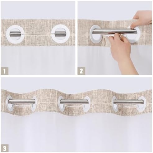 MitoVilla No Hooks Required Farmhouse Shower Curtain with Snap-in Liner - with Window & Magnets, Boho Cotton Linen Fabric Shower Curtains with Tassels for Rustic Bathroom Decor, Tan/Taupe, 72 x 74