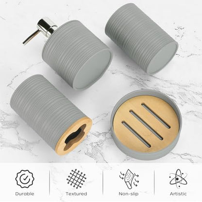 4PCS Grey Bathroom Set, Soap Dispenser, Dish & Bamboo Holder, Rustic