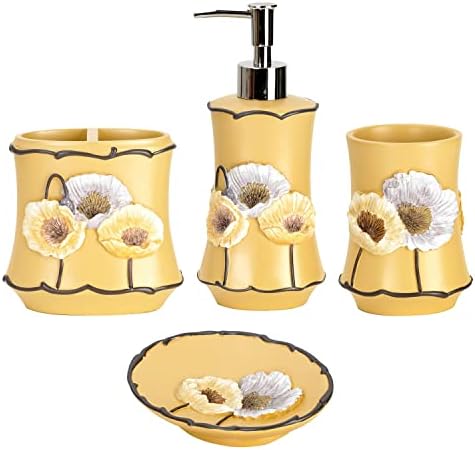 Zahari Home 4pc Poppy Fields Yellow Bathroom Accessories Set Hand Soap Dispenser, Tumbler, Tooth Brush Holder and Soap Dish Modern Contemporary Decor Complete Bathroom Sets with Shower Curtains