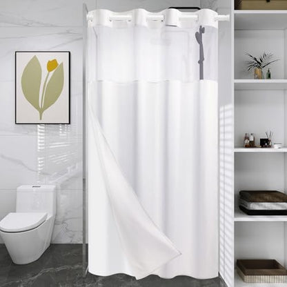 WONICY No Hook Small Shower Curtain with Snap-in Liner, White, 54 x 80