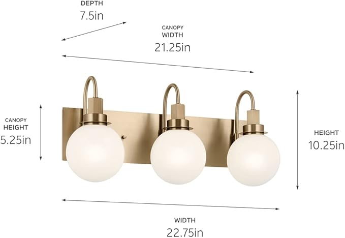 Kichler Hex Vanity Light, 22.75 Inch 3-Light Modern Vanity Light in Champagne Bronze with Opal Glass Shades for Bathroom and Powder Room, (22.75" L x 7.5" W x 10.25" H), 55151CPZ