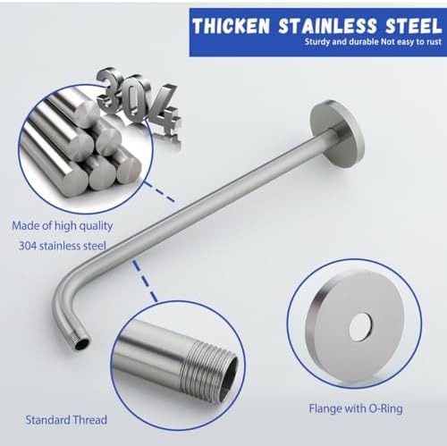 Stainless Steel Shower Head Extension Arm Wall Mounted Rainfall Shower Tube Bathroom Hardwares Accessories 16 Inch Brushed Nickel,SW-RD91018-16BN.