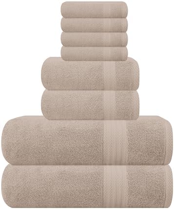 GLAMBURG Ultra Soft 8-Piece Towel Set - 100% Pure Ringspun Cotton, Contains 2 Oversized Bath Towels 27x54, 2 Hand Towels 16x28, 4 Wash Cloths 13x13 - Ideal for Everyday use, Hotel & Spa - Tan
