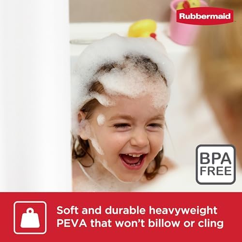 Rubbermaid White Shower Curtain Liner, Waterproof Heavyweight 8g PEVA Shower Liner for Bathroom, with Weighted Magnets and Rustproof Black Grommets, 70x72, Standard Size, White