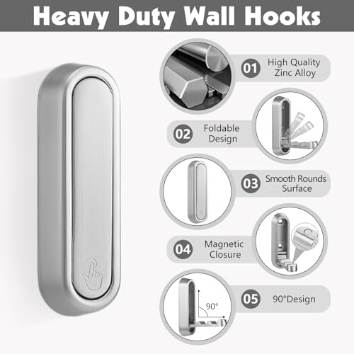 Foldable Wall Hook, Silver, 4 Pack, Screw Mounted, Heavy Duty Coat Hooks