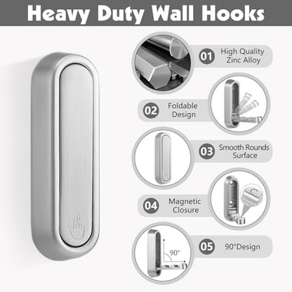 Foldable Wall Hook, Silver, 4 Pack, Screw Mounted, Heavy Duty Coat Hooks