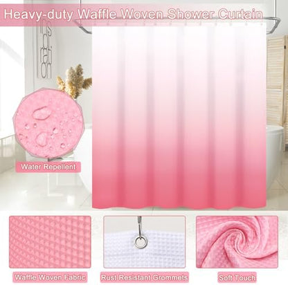 XLHOMO Bathroom Accessories,Bathroom Set with Shower Curtain,Rugs,Trash Can,Lotion Soap Dispenser,Toothbrush Holder,Soap Dish, Tags with Tray（Pink1 ），（Bath Set+Shower Curtain+Bath Rugs）