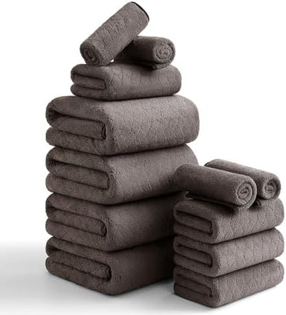Luxury Bath Towels Set - 12 Piece (4 Large Bath Towels,4 Hand Towels,4 Washcloths), 100% Microfiber,Extra Absorbent Super Soft & Quick Dry,Complete Family Pack for Bathroom Gym Pool,Brown