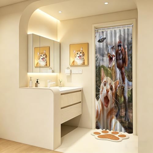 Small Stall Shower Curtain Rv Cat Riding Dinosaur, 36 x 72 Inchs