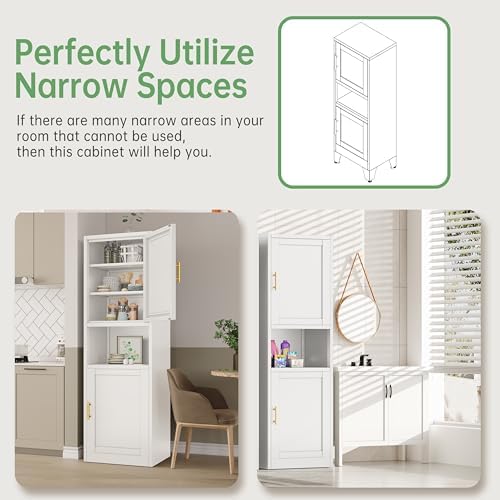 Ckzbx Tall Narrow Storage Cabinet 66.93" H Tall Bathroom Cabinets Metal Pantry Cabinet, 4 Adjustable Shelves for Kitchen, Home Office, Living Room, Dinning Room (16 inches Wide White)