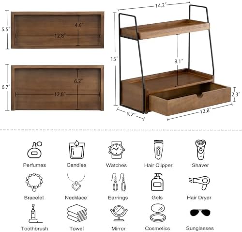 2-Tier Bathroom Countertop Organizer with Drawer, Wood Vanity Shelf Brown