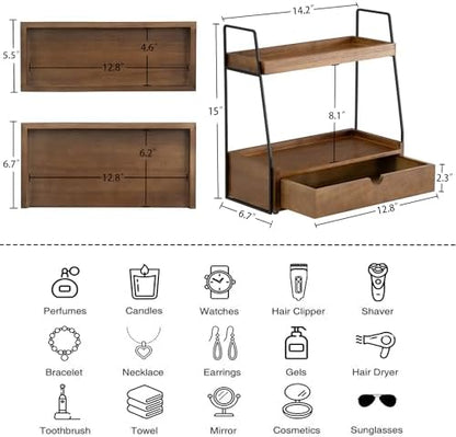 2-Tier Bathroom Countertop Organizer with Drawer, Wood Vanity Shelf Brown