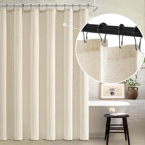 MIULEE W72*L96 Extra Long Linen Shower Curtain Natural 12 Metal Hooks