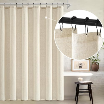 MIULEE W72*L84 Extra Long Linen Shower Curtain Natural 12 Metal Hooks