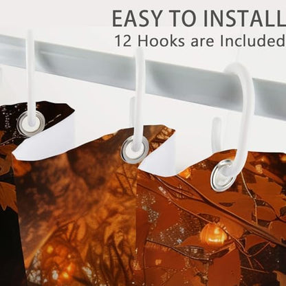 Fall Pumpkins Shower Curtain，Halloween Autumn Thanksgiving Harvest Forest Rural Trail Bathroom Decor，60 x 72 Inch Polyester Fabric Waterproof Bathroom Curtain with Hooks