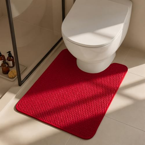 Triohero Toilet Rug, Thin Toilet Rugs U Shaped Washable Non Slip Absorbent Quick Dry Low Pile Toilet Mat, Red 20"x24" U Shape