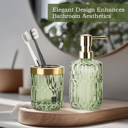 RRM Glass Bathroom Toothbrush Holder and Soap Dispenser Set, Green