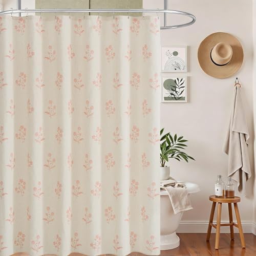 ORTIGIA Linen Shower Curtain Farmhouse Vintage Pink Floral Shower Curtains Boho Rustic Block Print Cottagecore Decor for Bathroom 72 W x 72 L