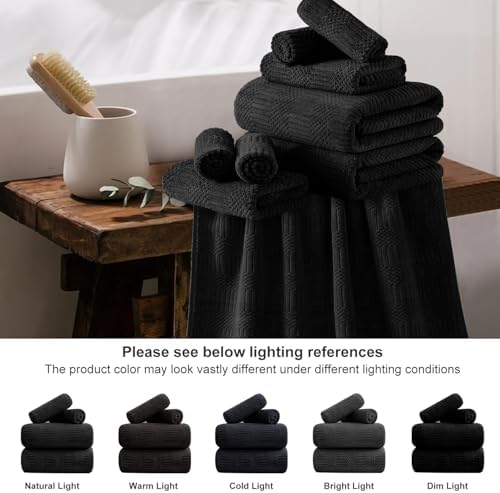 18 Pcs Black Woven Family Towels Set-6 Bath Sheets,6 Hand Towels,6 Washcloths Soft Polyester Towels Absorbent Shower Towel Quick Dry Beach Chair Towel Lint Less Towels Set for Bathroom Spa Gym Hotel