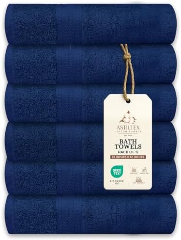 Large Bath Towels Pack of 6 – 24" x 50", 100% Cotton Terry – Soft, Quick-Dry & Highly Absorbent – Navy Blue Towels for Bathroom, Spa, Shower, Pool & Daily Use
