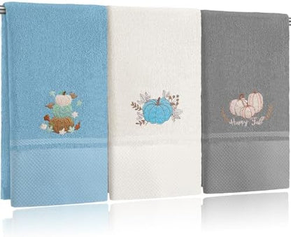 FuWeave 3 Pcs Blue White Fall Blue Pumpkins Hand Towels for Bathroom