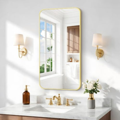 BONEWEI Gold Bathroom Mirror,20x36 inch Wall Mirror for Bathroom Wall Mounted,Round Rectangle Mirror for Bathroom Over Sink,Modern Frame for Home Decor Living Room,Bedroom Entryway,Horizontal/Vertical
