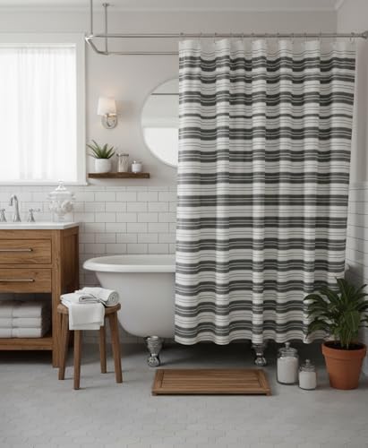 Serafina Home Black & White Striped Cotton Bathroom Shower Curtain, 70x72