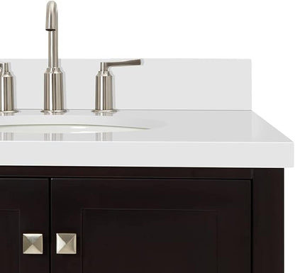 ARIEL Cambridge 42-inch Bathroom Vanity with Sink,Solid Wood, 1.5-inch Pure White Quartz Countertop & Backsplash, Single Oval Porcelain Sink, 2 Soft Closing Doors, 5 Dovetail Drawers, Espresso
