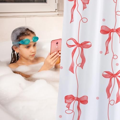 Red Bow Shower Curtain for Bathroom, Teen Girls Theme, 72x72 Inches