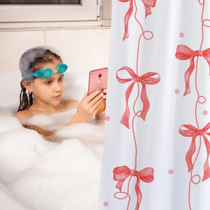 Red Bow Shower Curtain for Bathroom, Teen Girls Theme, 72x72 Inches