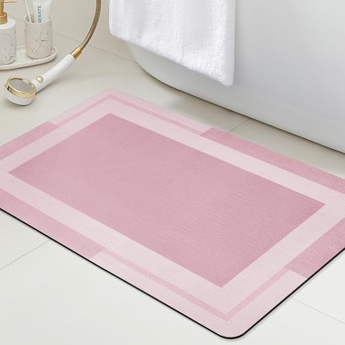 ACCUMTEK Non Slip Bath Mat, Thin Bathroom Rugs Fit Under Door, Quick Dry Bath Mats, Machine Washable Bath Rugs for Bathroom, Bathtub & Kitchen, Bathtub & Kitchen, Pink/Bordered/32 x20