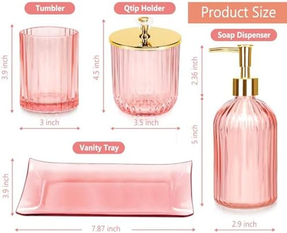 Haturi Bathroom Accessories Set, 4 Pcs Pink Glass Bathroom Accessories Sets Complete w/Lotion Soap Dispenser, Toothbrush Holder, Apothecary Jar, Vanity Tray, Bathroom Decor, Gift for Home Apartment