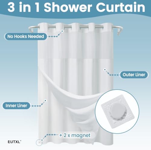 EUTXL Extra Thick 256GSM Waffle Weave Shower Curtain with Snap-in Liner, Heavy Duty Hotel Style Bath Curtain Set, Luxury Weighted Fabric, 71 x 74, White (Pack of 2)