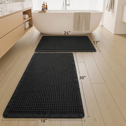 Upgraded Waffle Bath Mat Set of 2 Absorbent Bathroom Mat 17"x24" + 18"x30"