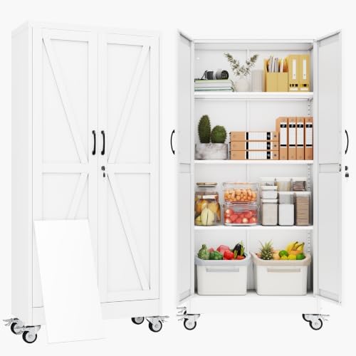 61" Metal Garage Storage Locker Cabinet with Wheels,Rolling White Farmhouse Kitchen Pantry Cabinet with 2 Doors and 3 Adjustable Shelves, Steel File Tool Cabinet for Home Office Warehouse