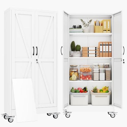 61" Metal Garage Storage Locker Cabinet with Wheels,Rolling White Farmhouse Kitchen Pantry Cabinet with 2 Doors and 3 Adjustable Shelves, Steel File Tool Cabinet for Home Office Warehouse