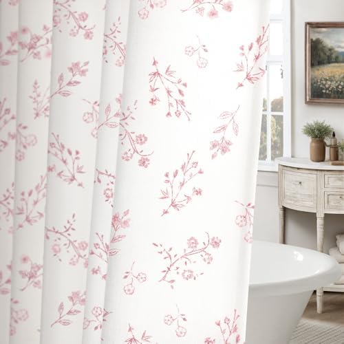 Pink Floral Farmhouse Vintage Cotton Shower Curtain French Country 72Wx72H