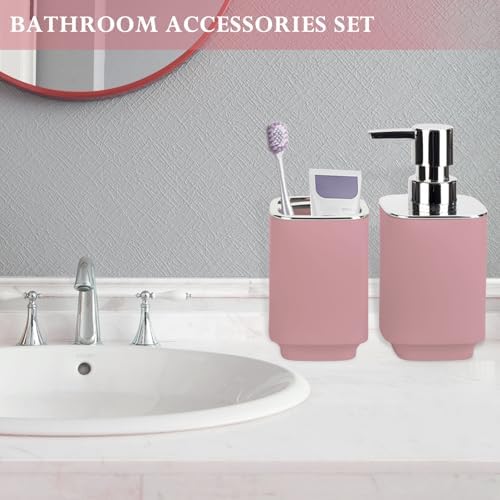 Pink Bathroom Accessories 2 Pcs, Soap Dispenser and Toothbrush Holder Set