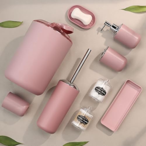 IMAVO Bathroom Accessories Set,Pink Bathroom Set,9 Pieces Bathroom Accessory Set,Tray,Qtip Holders,Toilet Brush,Trash Can for Bathroom Décor and Home Gifts